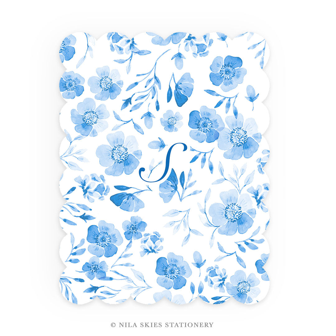 Personalizable Blue Floral Scalloped Notecards  - Set of 10