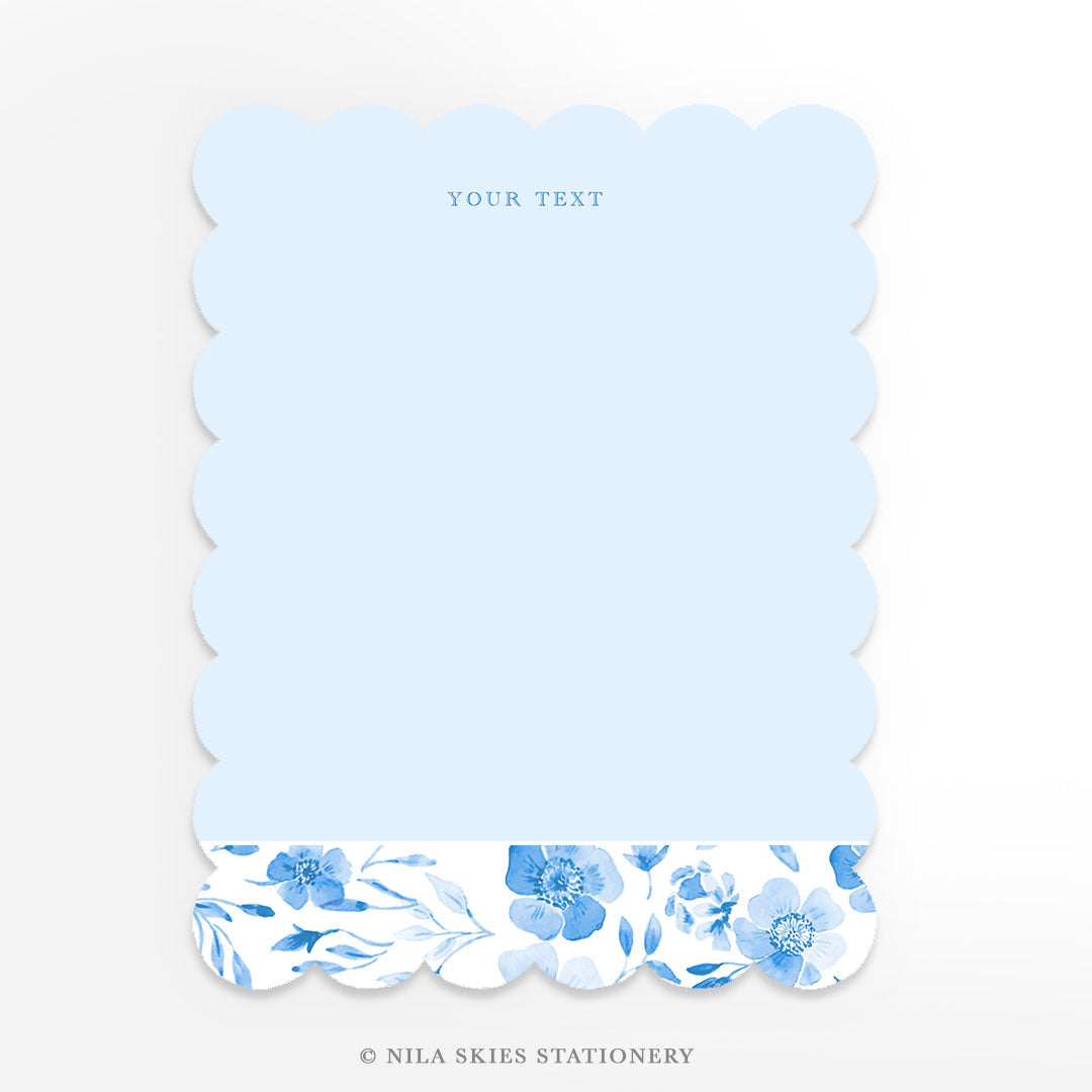 Personalizable Blue Floral Scalloped Notecards  - Set of 10