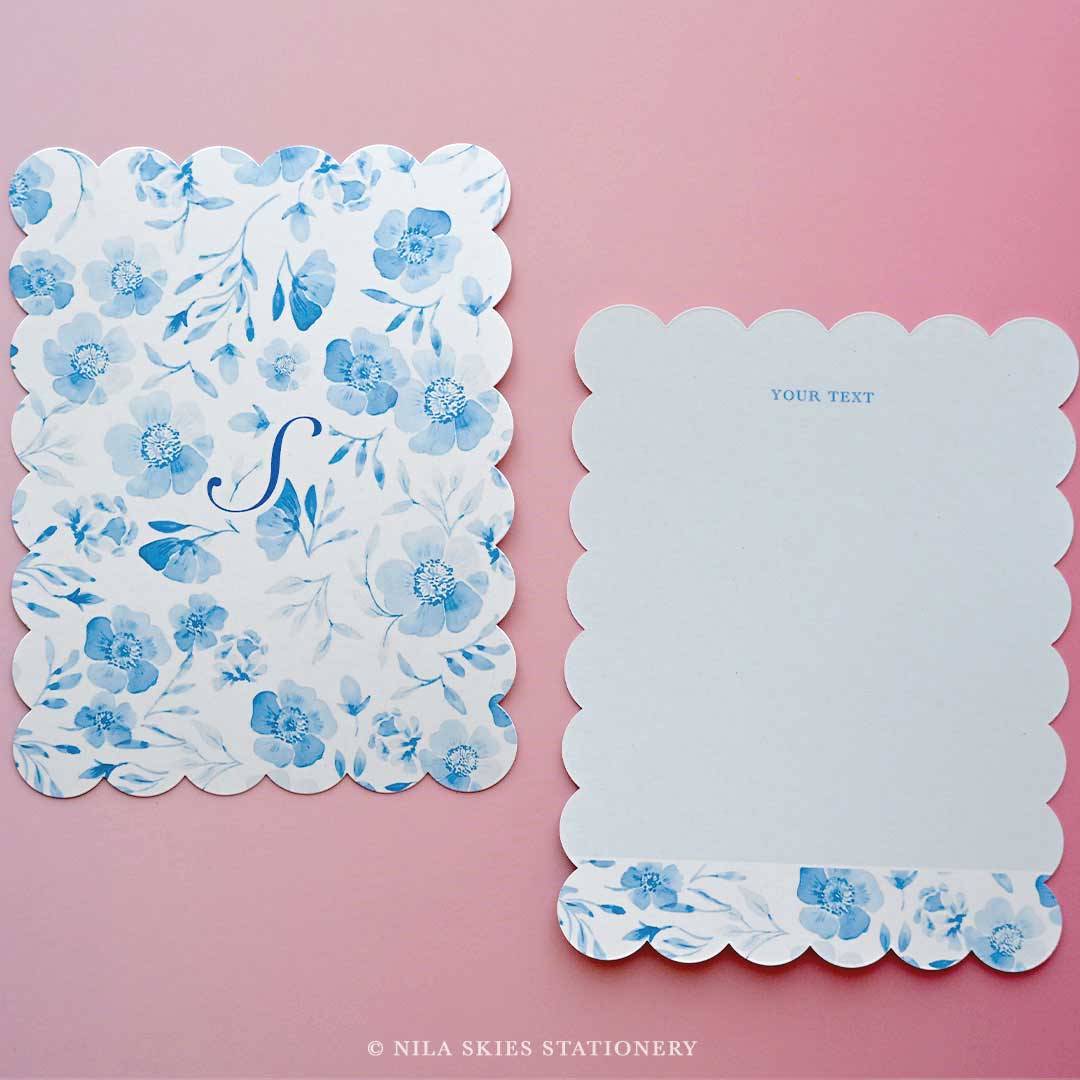 Personalizable Blue Floral Scalloped Notecards  - Set of 10