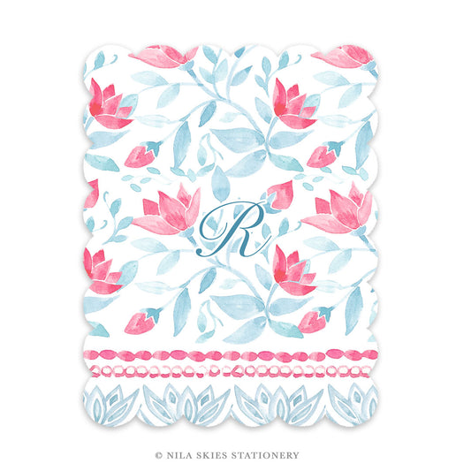 Personalizable Red and Blue Floral Scalloped Notecards - Set of 10