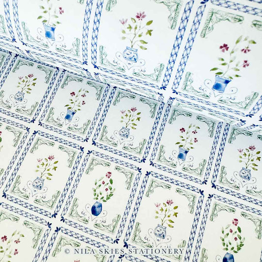 Blue and White Plants Wrapping Paper Sheet