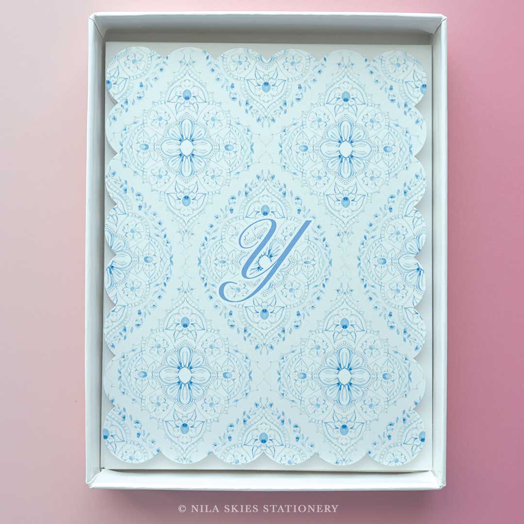 Personalizable Damask Scalloped Notecards - Set of 10