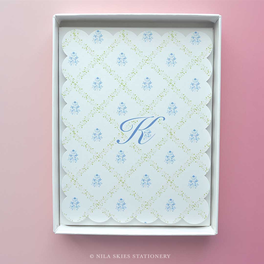 Personalizable Diamond Floral Scalloped Notecards - Set of 10