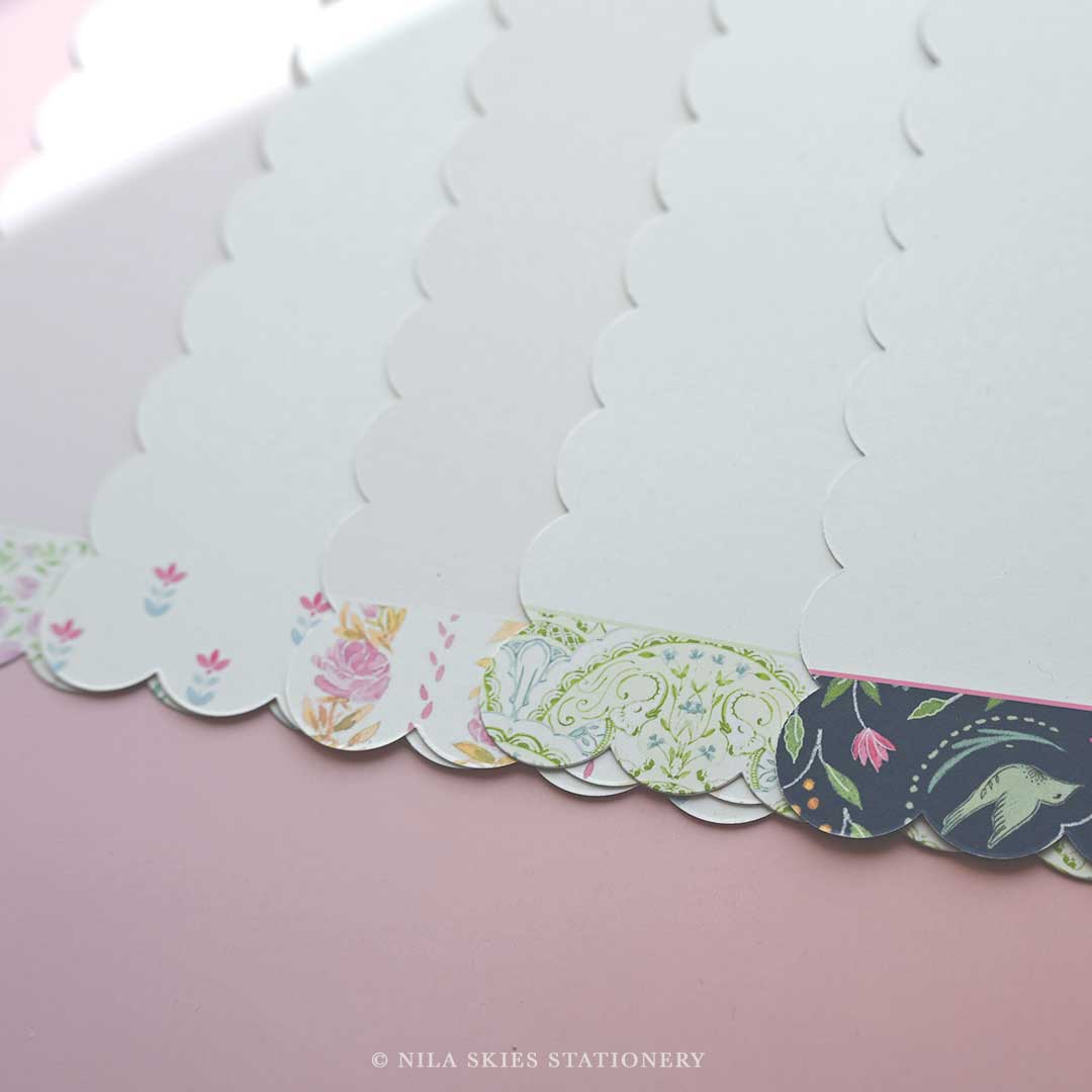 Personalizable Floral Stripe Scalloped Notecards - Set of 10