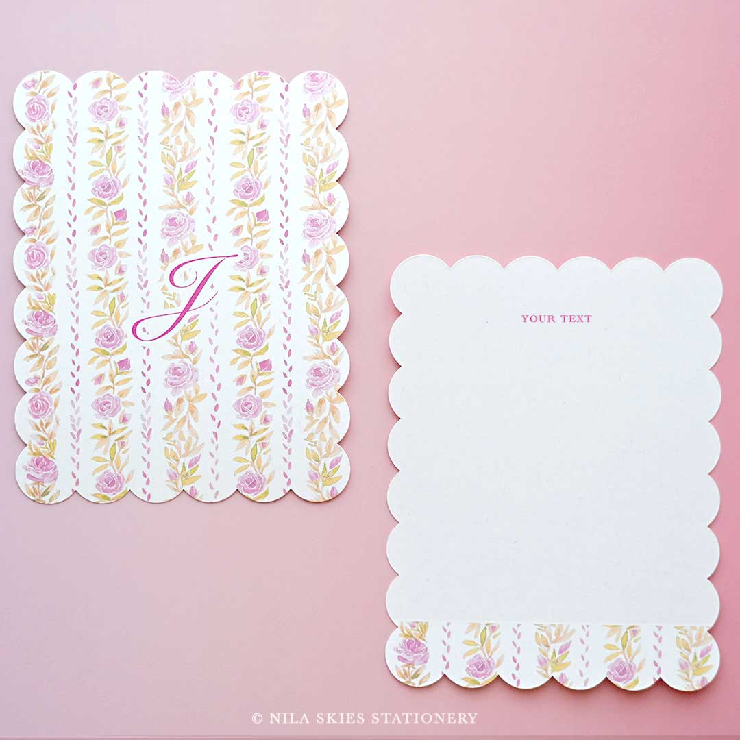 Personalizable Floral Stripe Scalloped Notecards - Set of 10