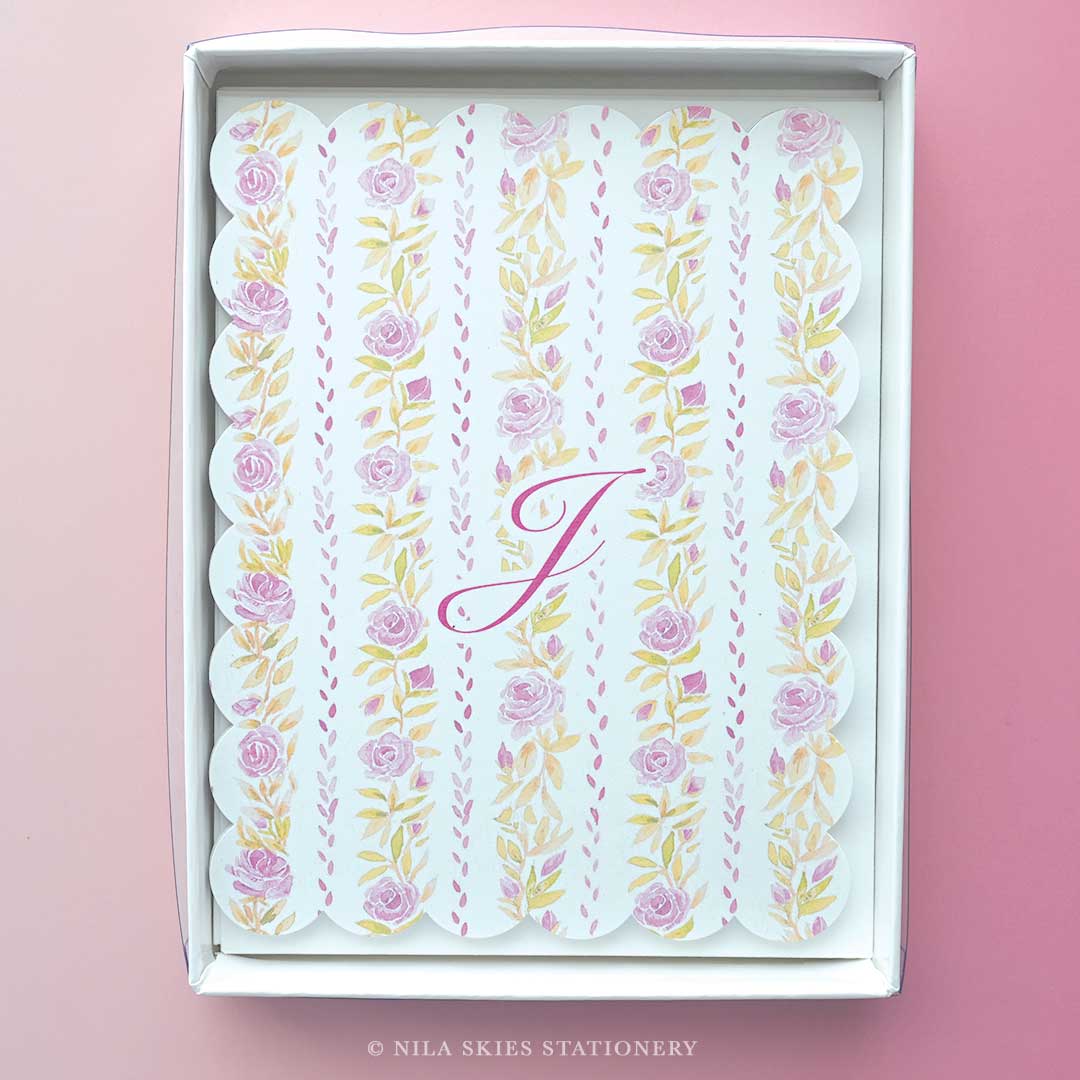 Personalizable Floral Stripe Scalloped Notecards - Set of 10