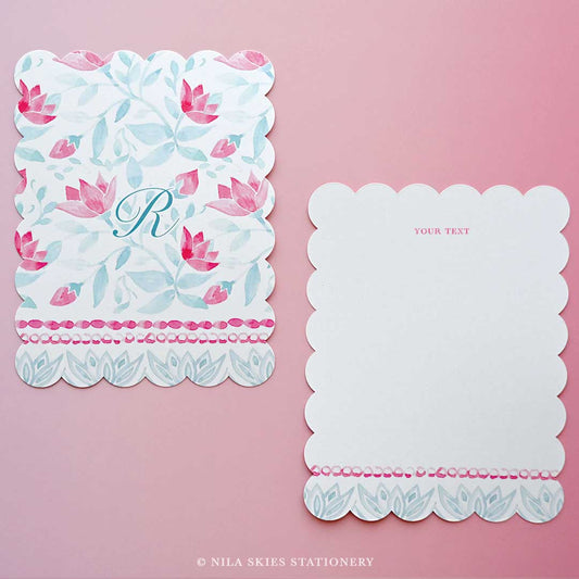 Personalizable Red and Blue Floral Scalloped Notecards - Set of 10